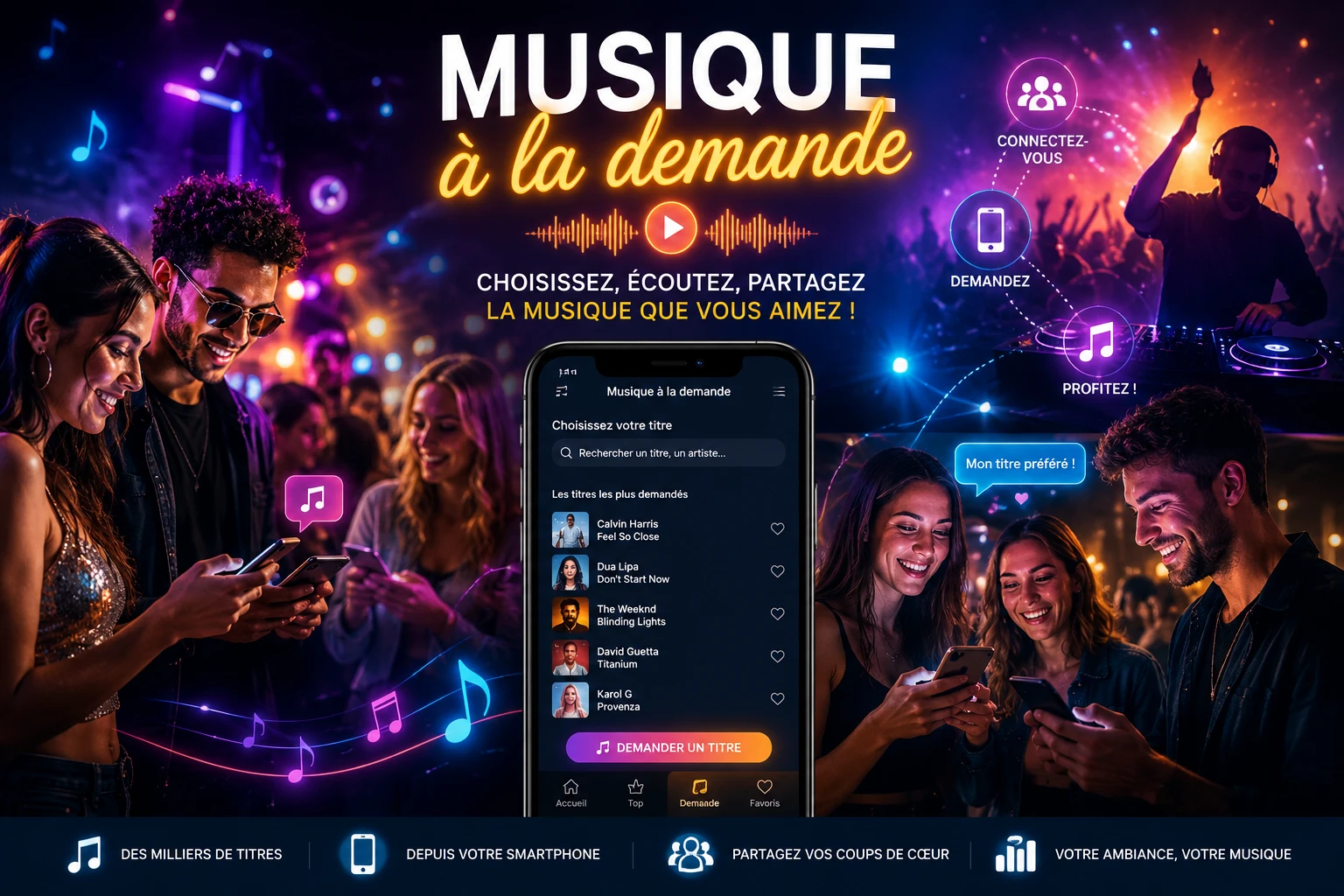 Musique à la demande – des invités choisissent leurs titres depuis leur téléphone pendant une soirée animée par DJ Magic OZ